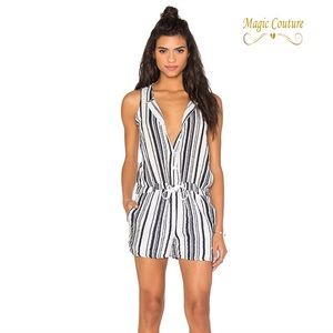Revolve Stateside Vertical Navy Stripe Tied Waist Romper in White🤍💙🤍